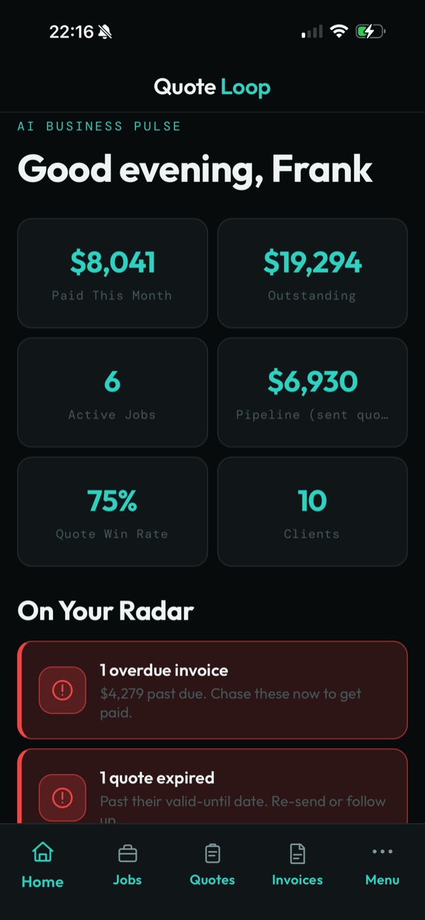 Quote Loop home dashboard with revenue and stats