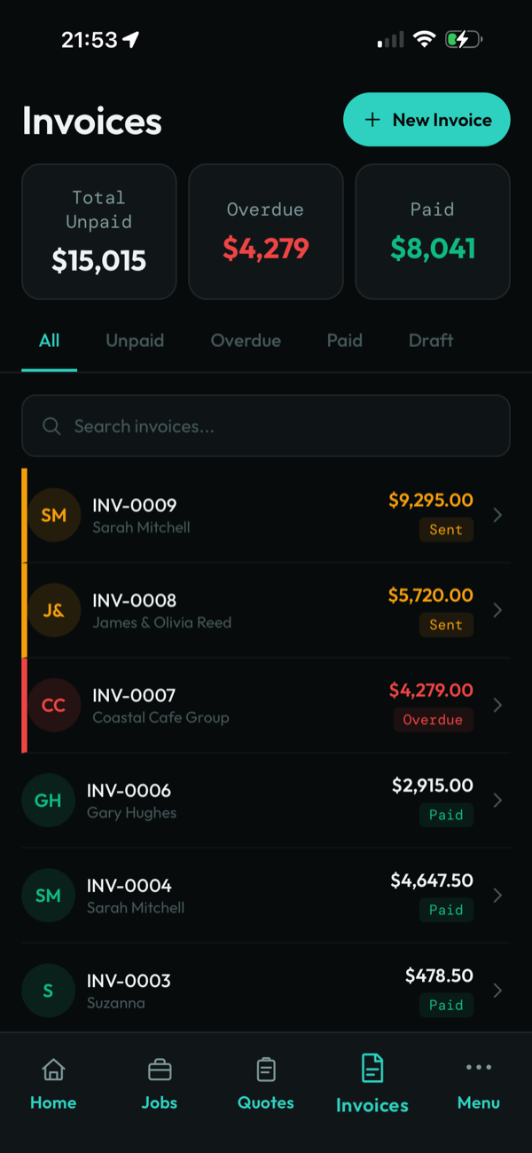 Invoices list showing unpaid, overdue and paid totals