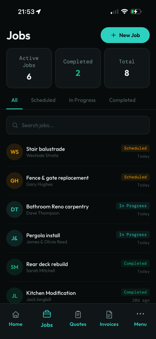 Jobs list with active and completed work