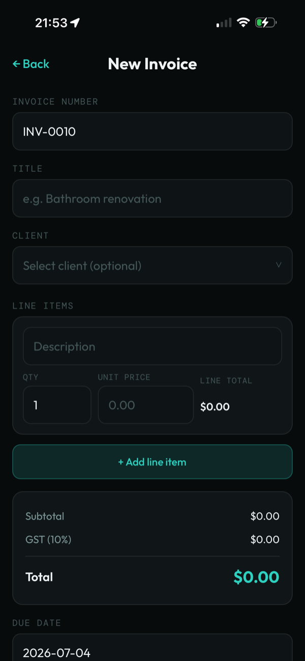 Creating a new invoice