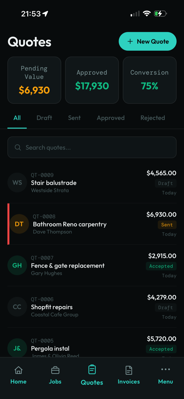 Quotes list with pending and approved values