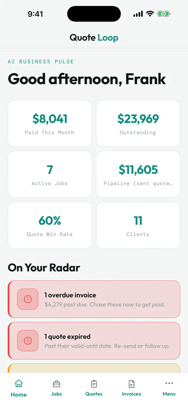 Quote Loop dashboard, your numbers and what needs doing next